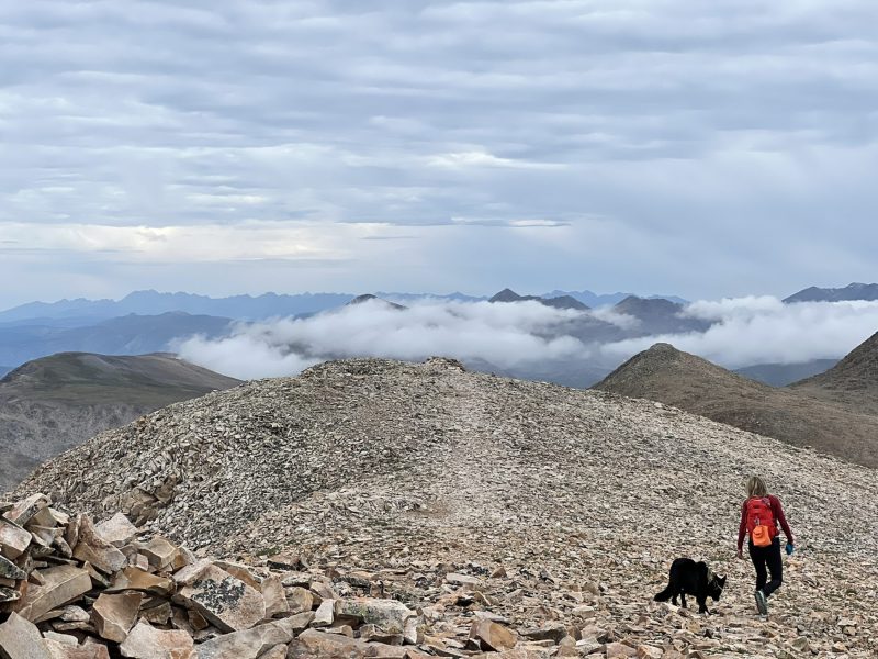 Dr. Sonja Stilp and her dog walking on a mountain peak in Colorado